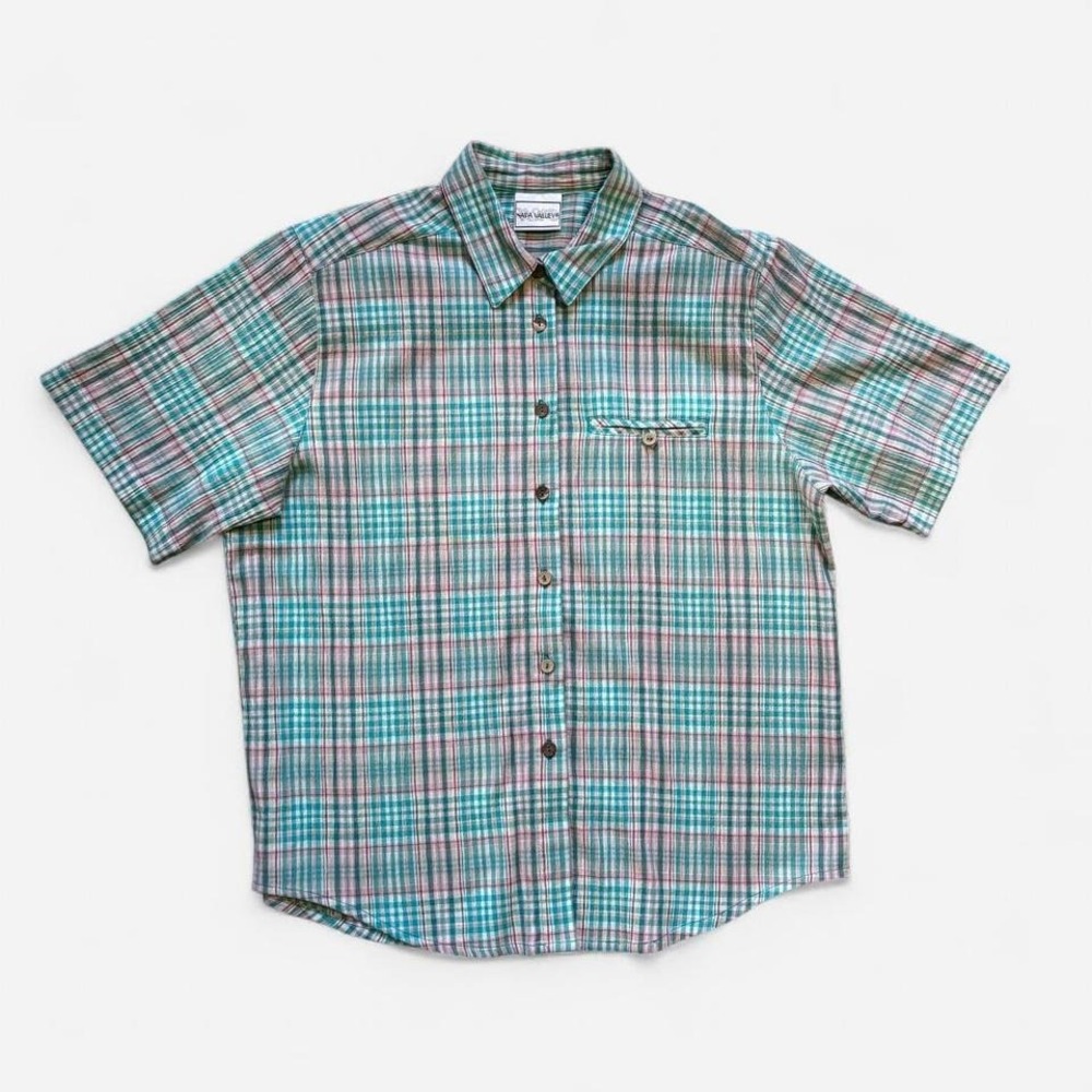 90s Button Up Plaid Shirt Short Sleeve Napa Valley Spring Green Pink Vintage L